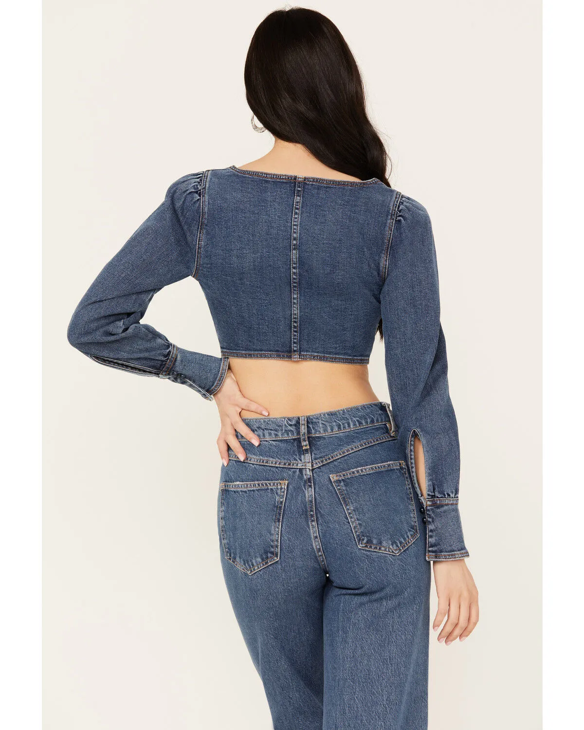 Product Name:  Shyanne Women's Medium Wash Denim Cropped Long Sleeve Corset Top