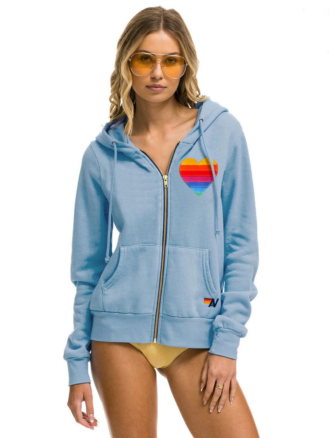 Rainbow Heart Stitch Zip Hoodie - Ice