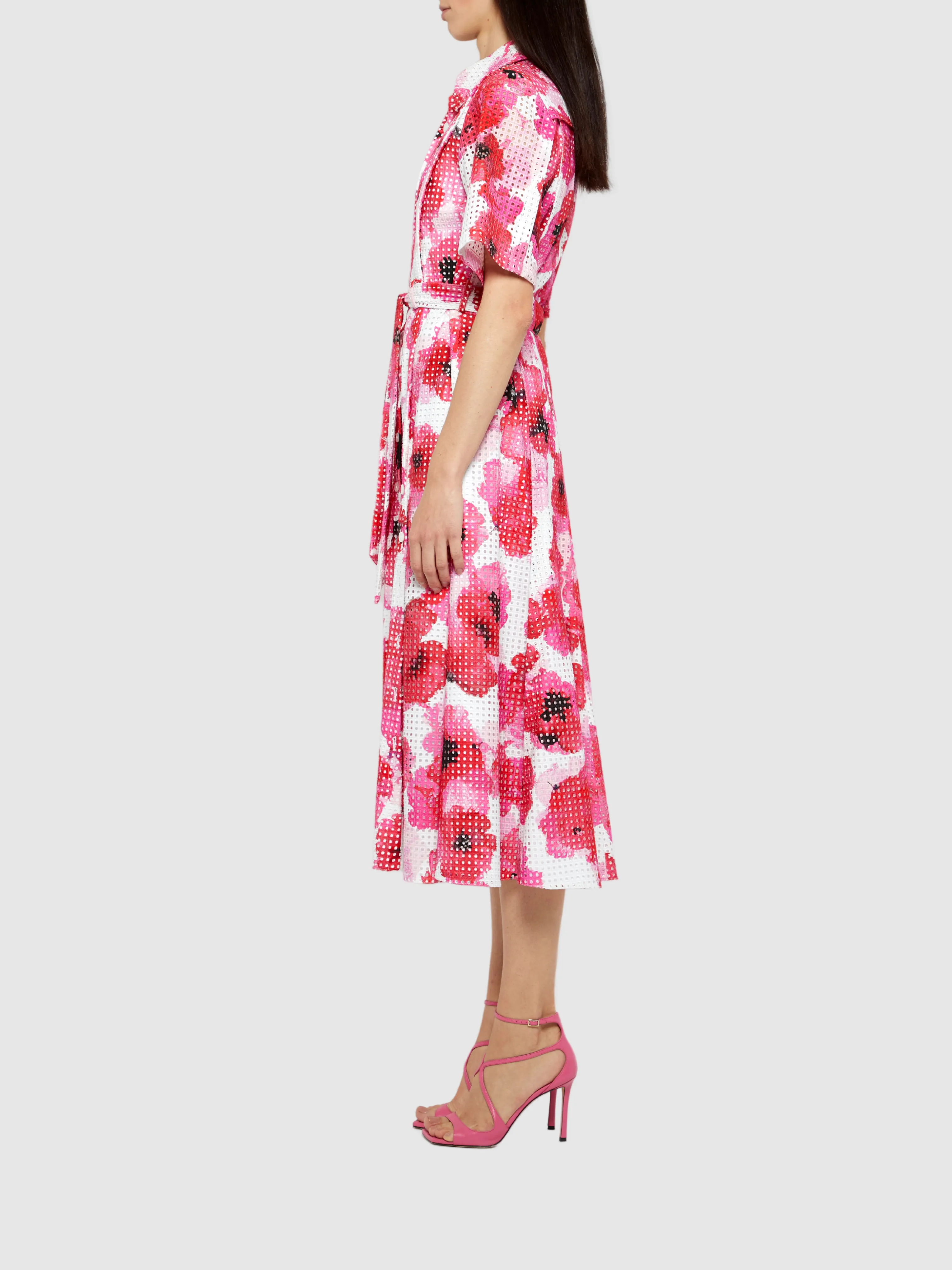 Red and White Floral Short Sleeve Shirt Dress