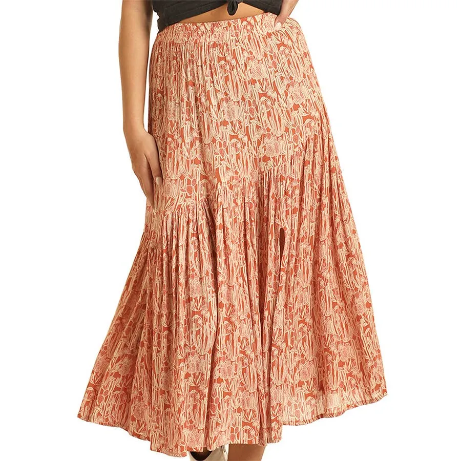 Rock & Roll Denim Women's Cactus Print Midi Skirt - Rust