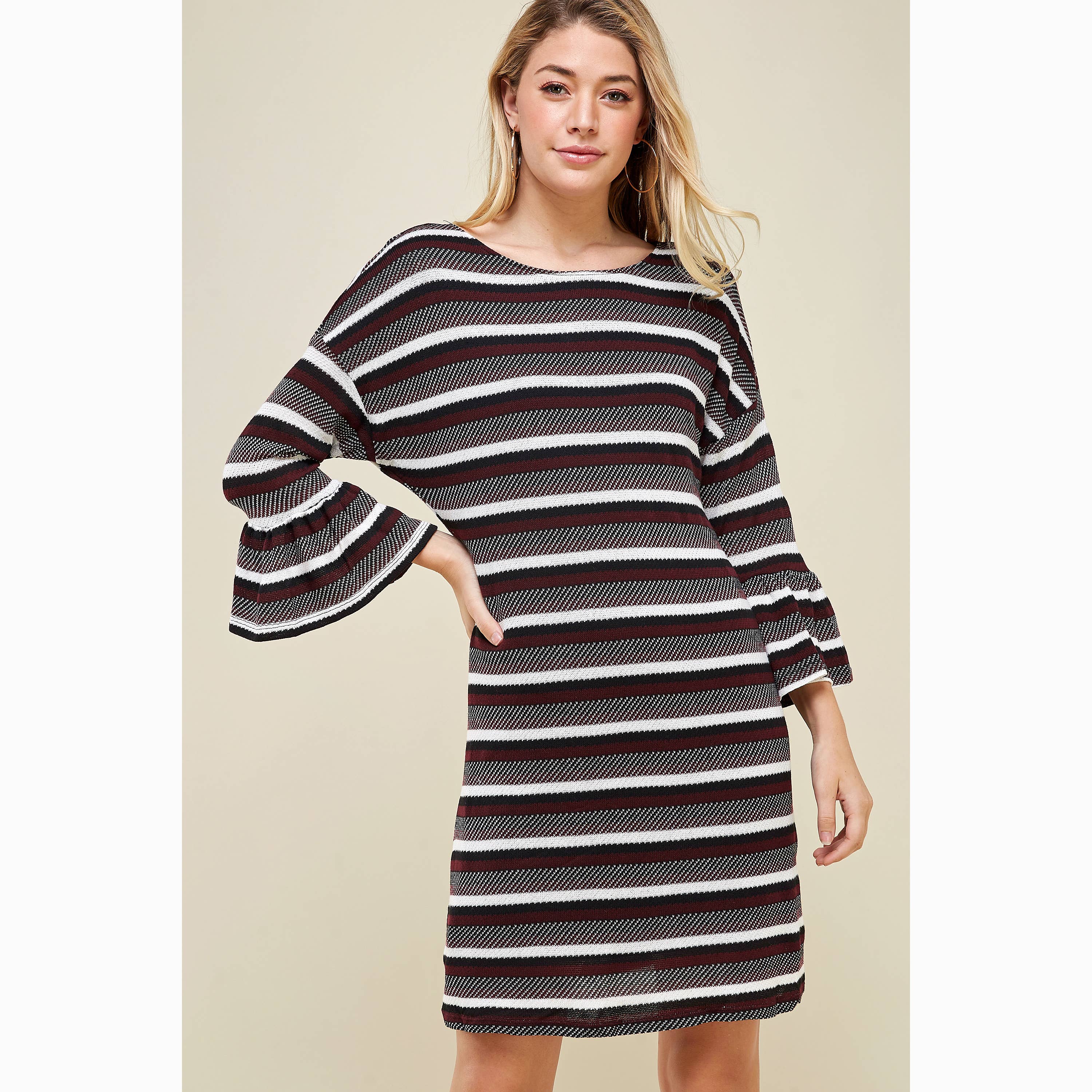 Round Neck Multi Striped Long Sleeve Sweater Dress