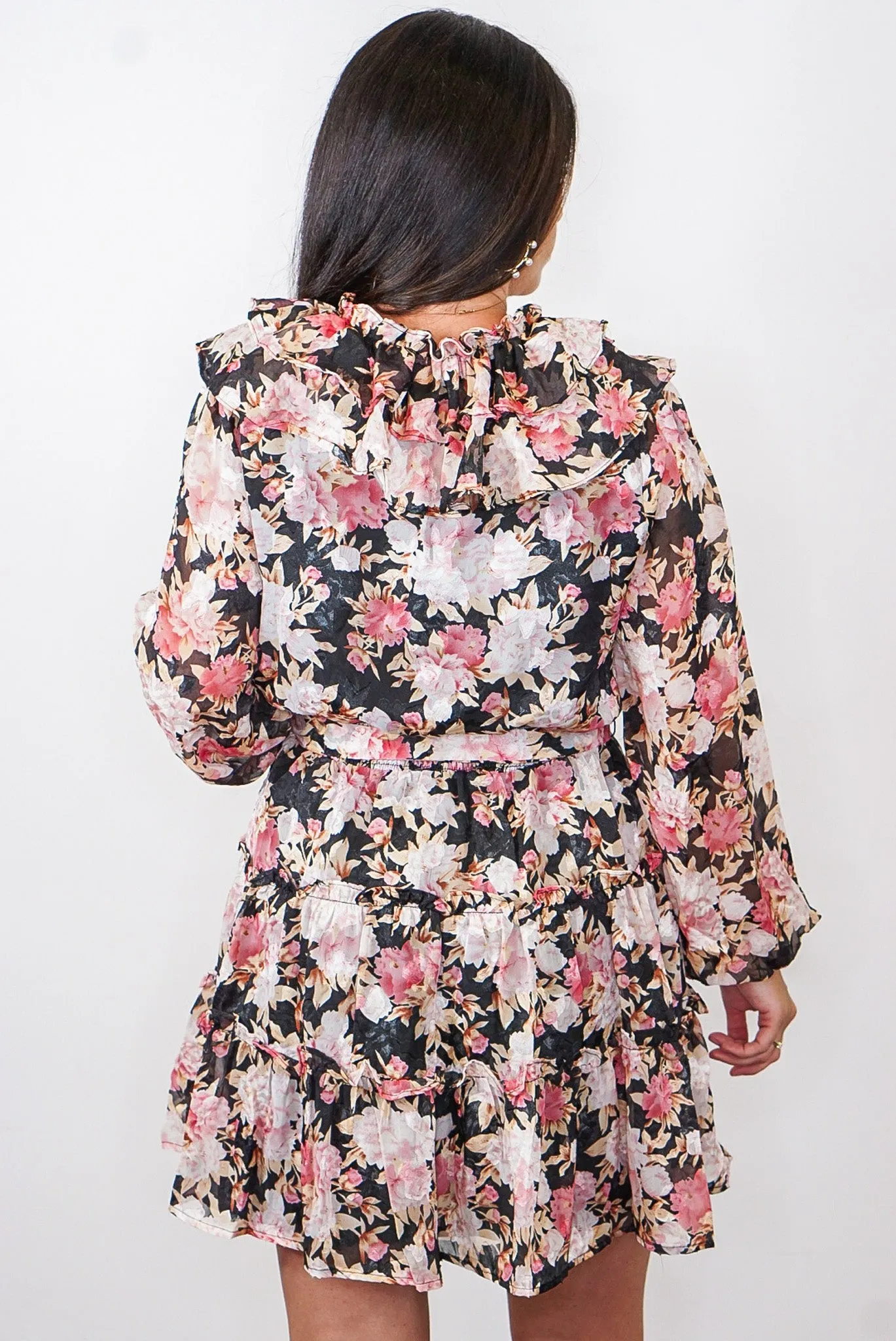 Ruffled Daydreams Black Floral Dress