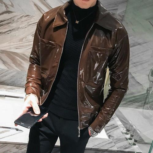 Shiny Solid Color Slim Fit Leather Jacket for Nightclub Wear