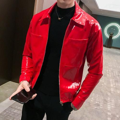 Shiny Solid Color Slim Fit Leather Jacket for Nightclub Wear