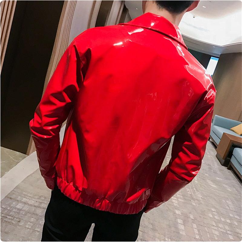 Shiny Solid Color Slim Fit Leather Jacket for Nightclub Wear