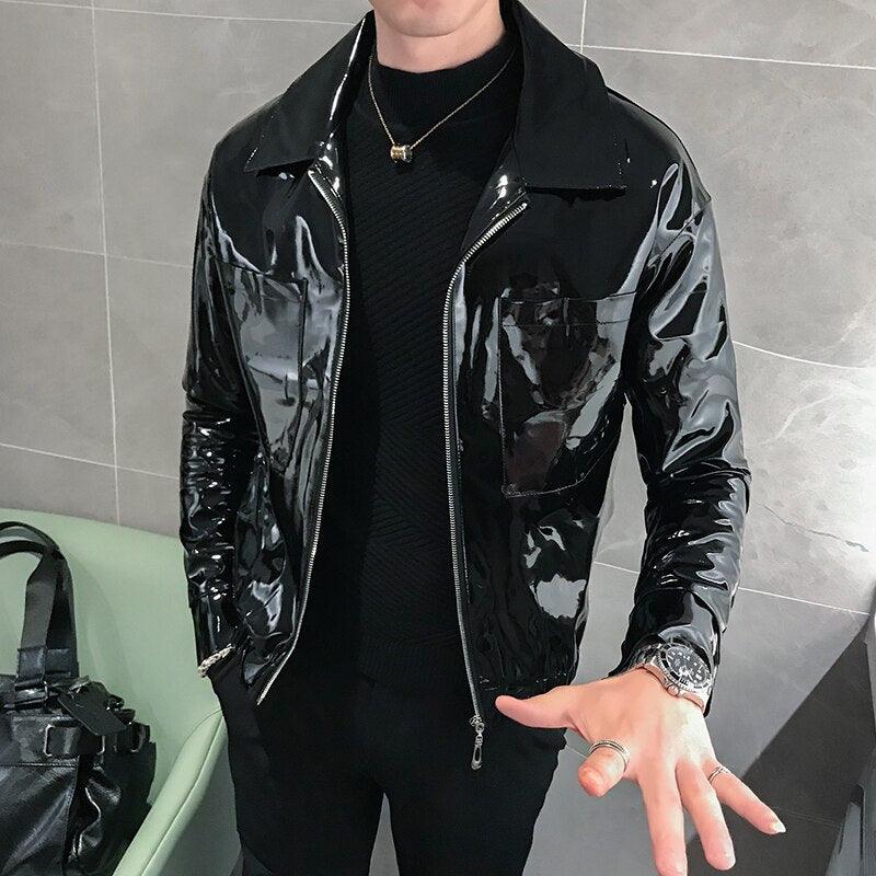 Shiny Solid Color Slim Fit Leather Jacket for Nightclub Wear