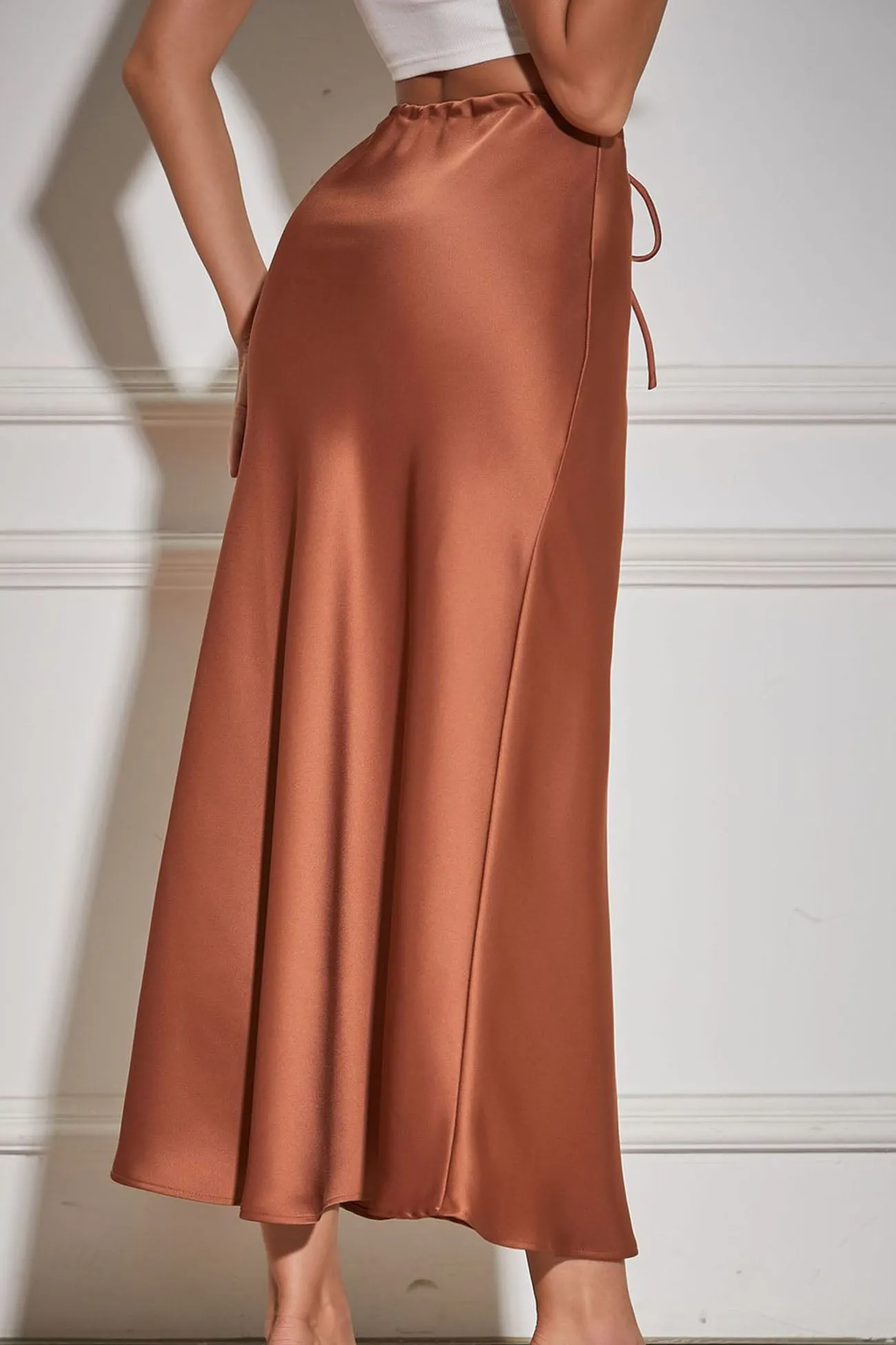 Solid Color Satin Drawstring Midi Skirt