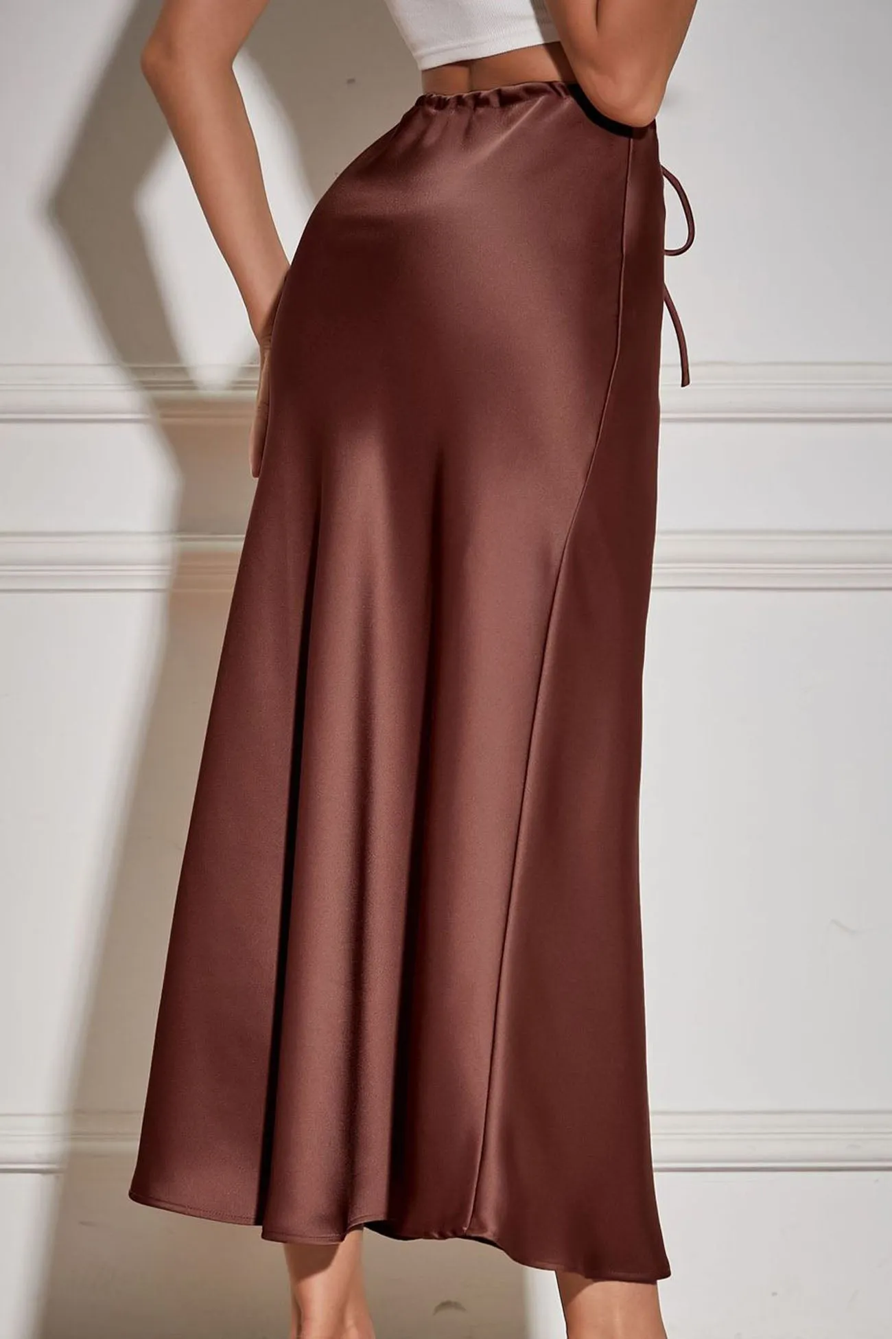 Solid Color Satin Drawstring Midi Skirt