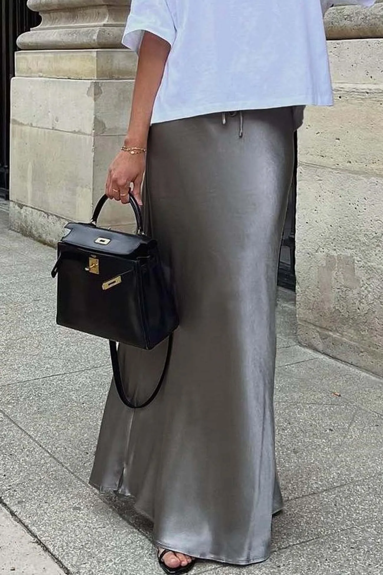 Solid Color Satin Drawstring Midi Skirt