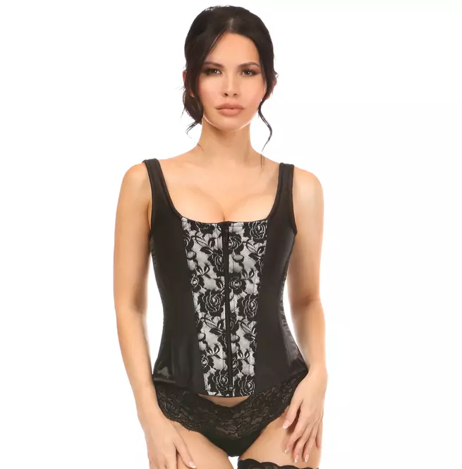 Steampunk Women's Steel Boned, White Satin & Black Lace Overlay Corset With Straps