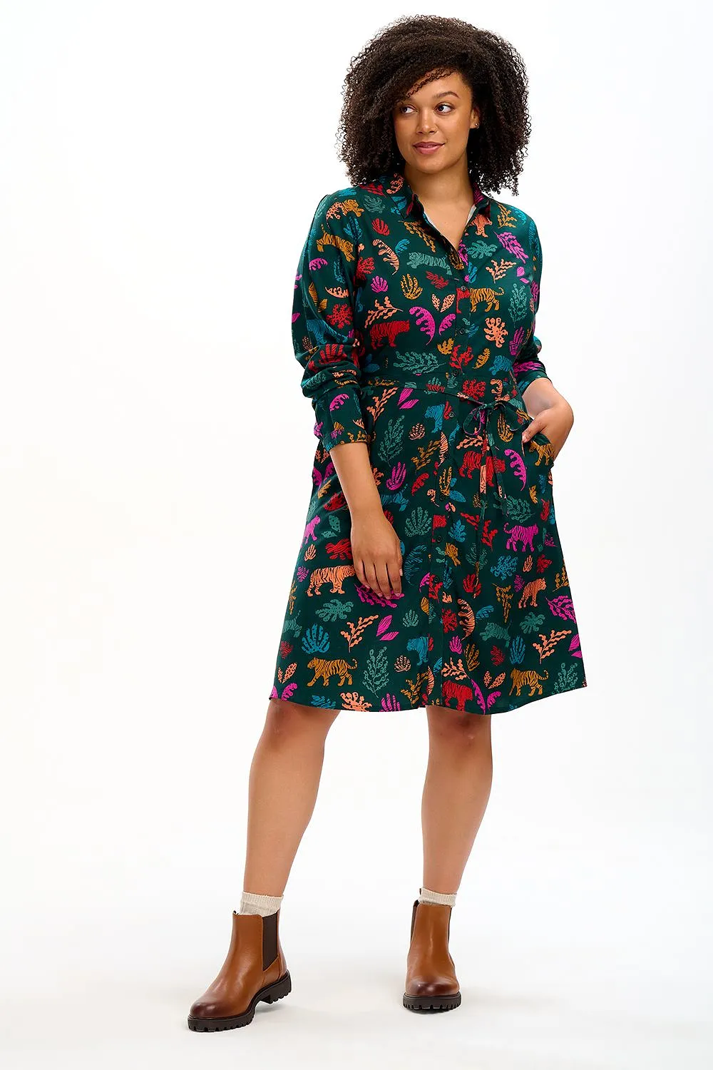 Sugarhill Brighton Dark Green Tiger Zadie Shirt Dress