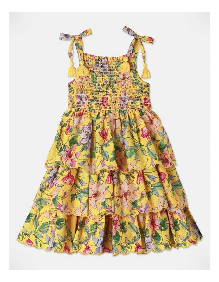 Tiered Scallop Edge Floral Dress in Yellow