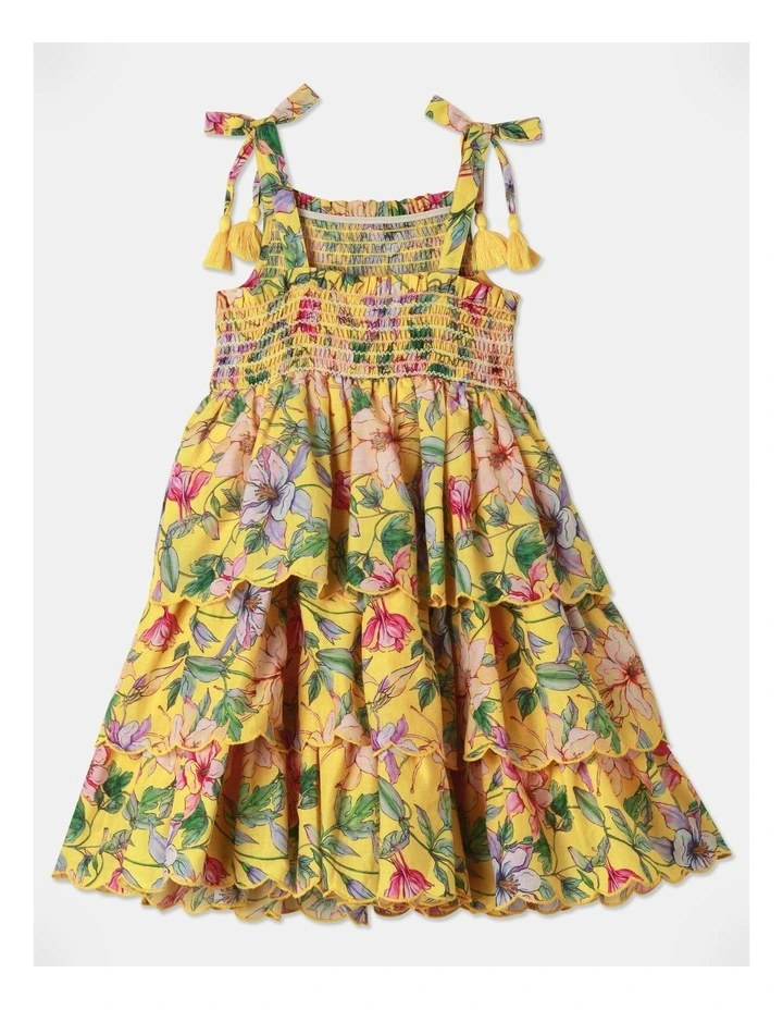 Tiered Scallop Edge Floral Dress in Yellow