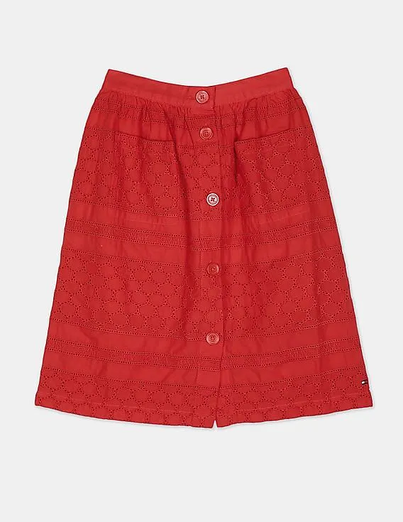 Tommy Hilfiger Kids Girls Red Embroidered Broderie Anglaise Midi Skirt