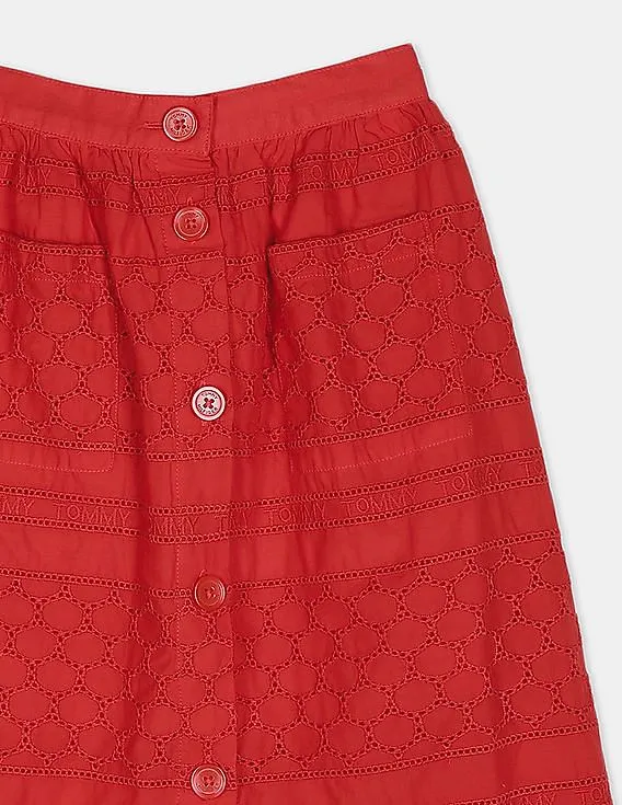 Tommy Hilfiger Kids Girls Red Embroidered Broderie Anglaise Midi Skirt