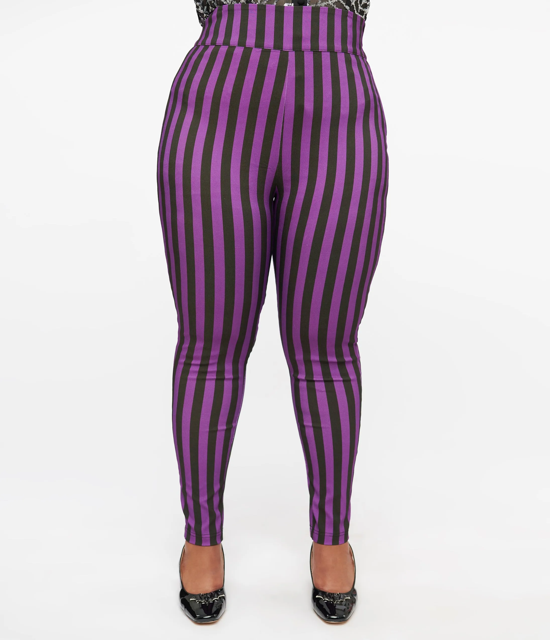 Unique Vintage Plus Size 1960s Black & Purple Stripe High Waist Cigarette Pants