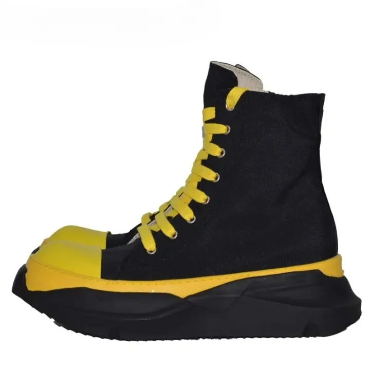 Unisex Yellow Black Canvas Lace Up Casual Height Increasing Zipper Boots