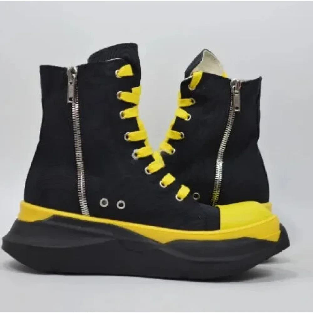 Unisex Yellow Black Canvas Lace Up Casual Height Increasing Zipper Boots