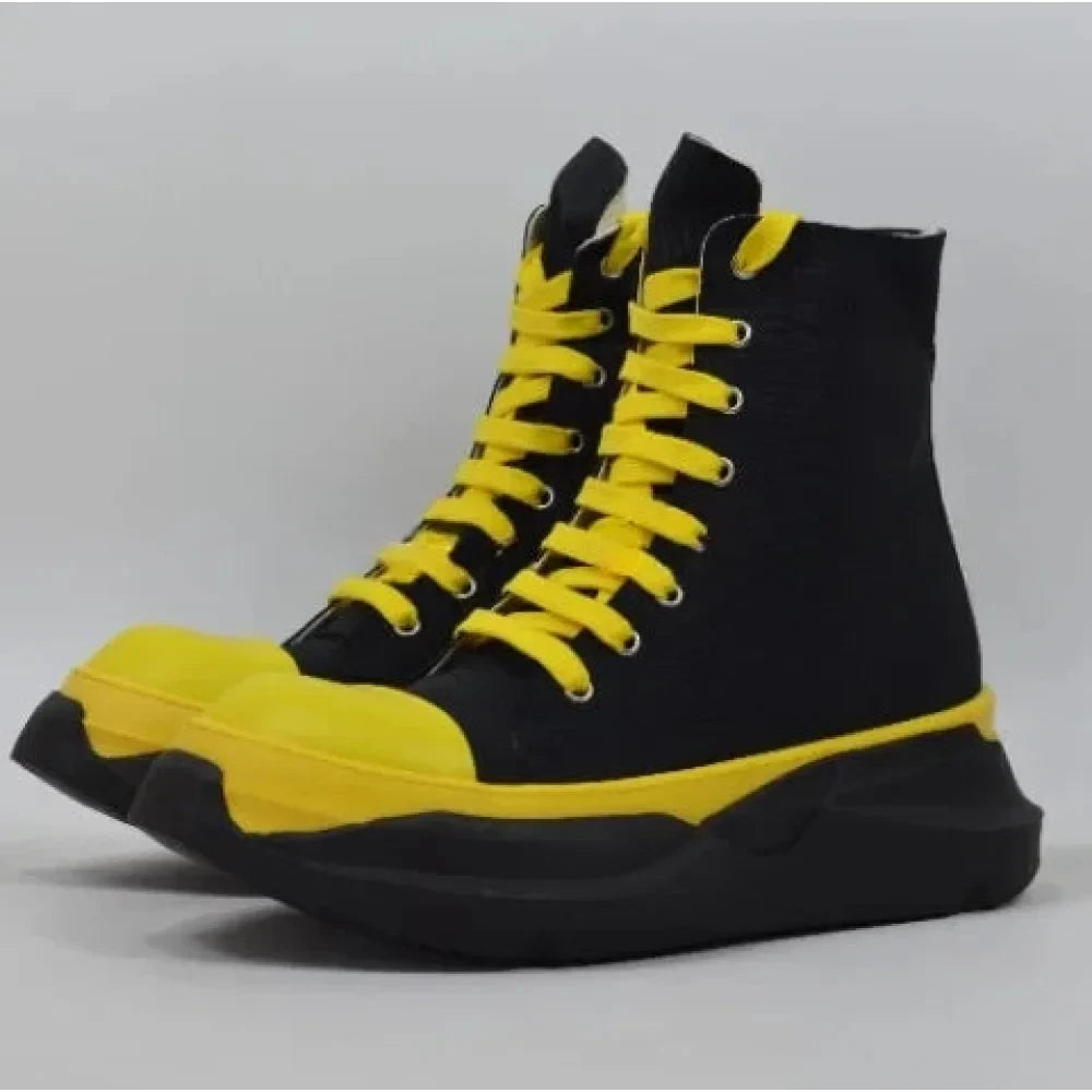 Unisex Yellow Black Canvas Lace Up Casual Height Increasing Zipper Boots