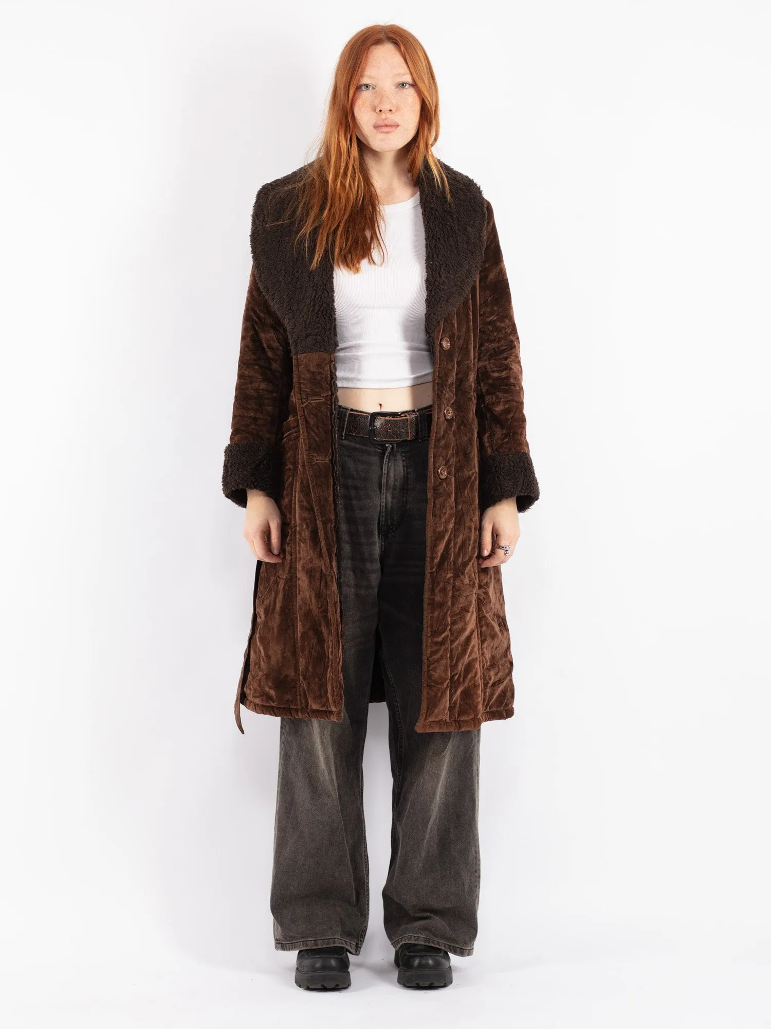 Vintage 70's Women Faux Sheepskin Coat in Brown