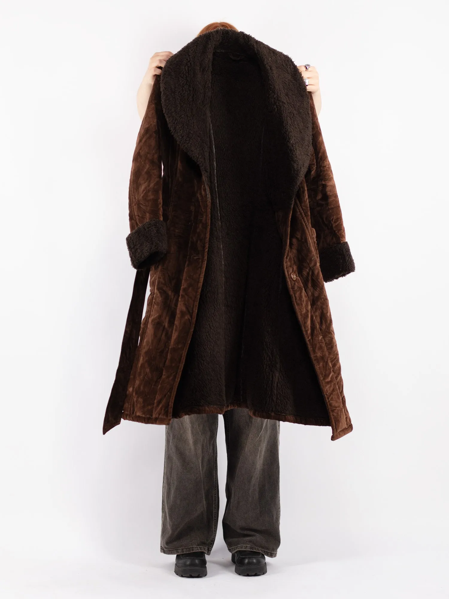 Vintage 70's Women Faux Sheepskin Coat in Brown