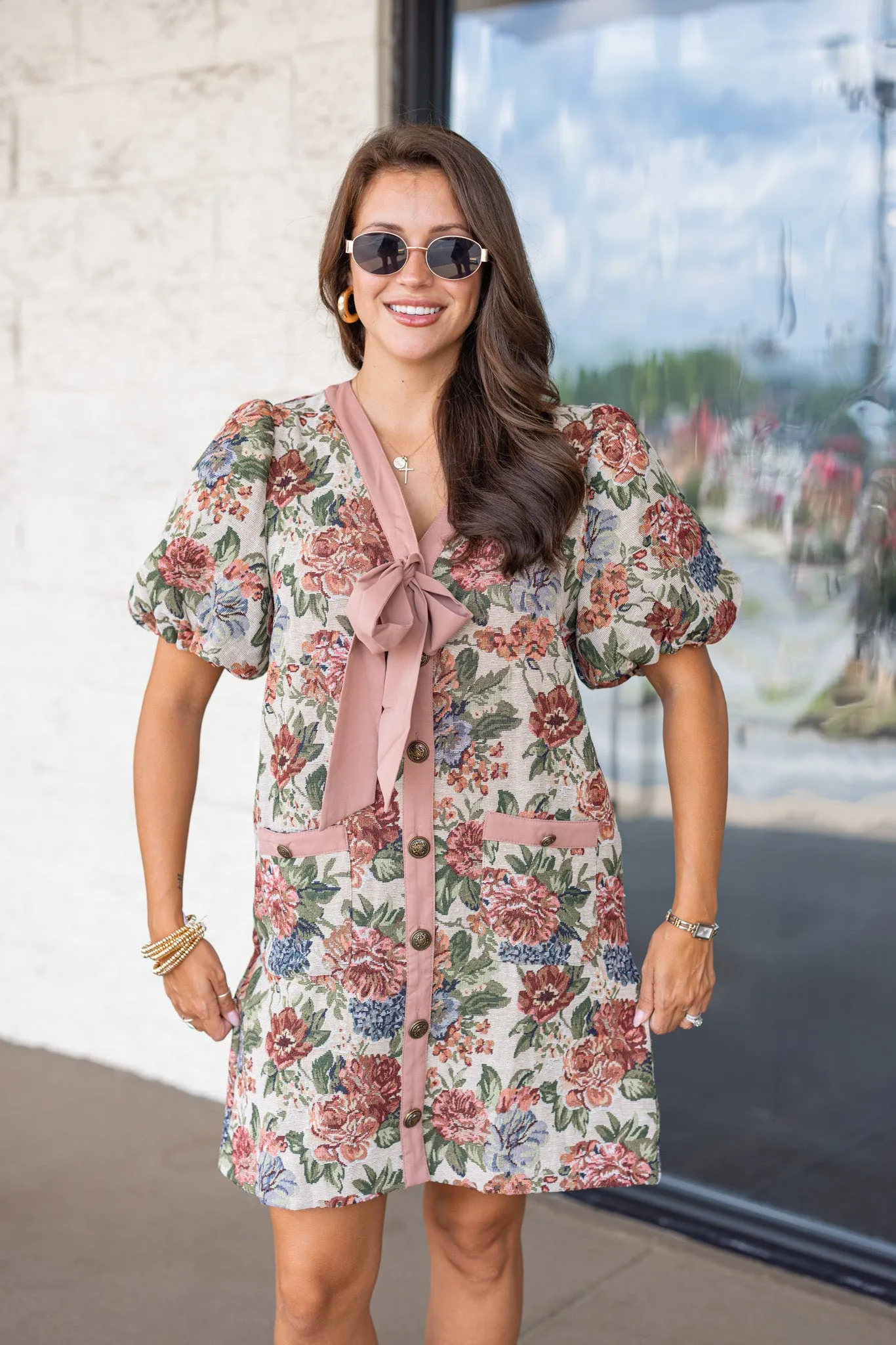 Vintage Inspiration Taupe Floral Dress