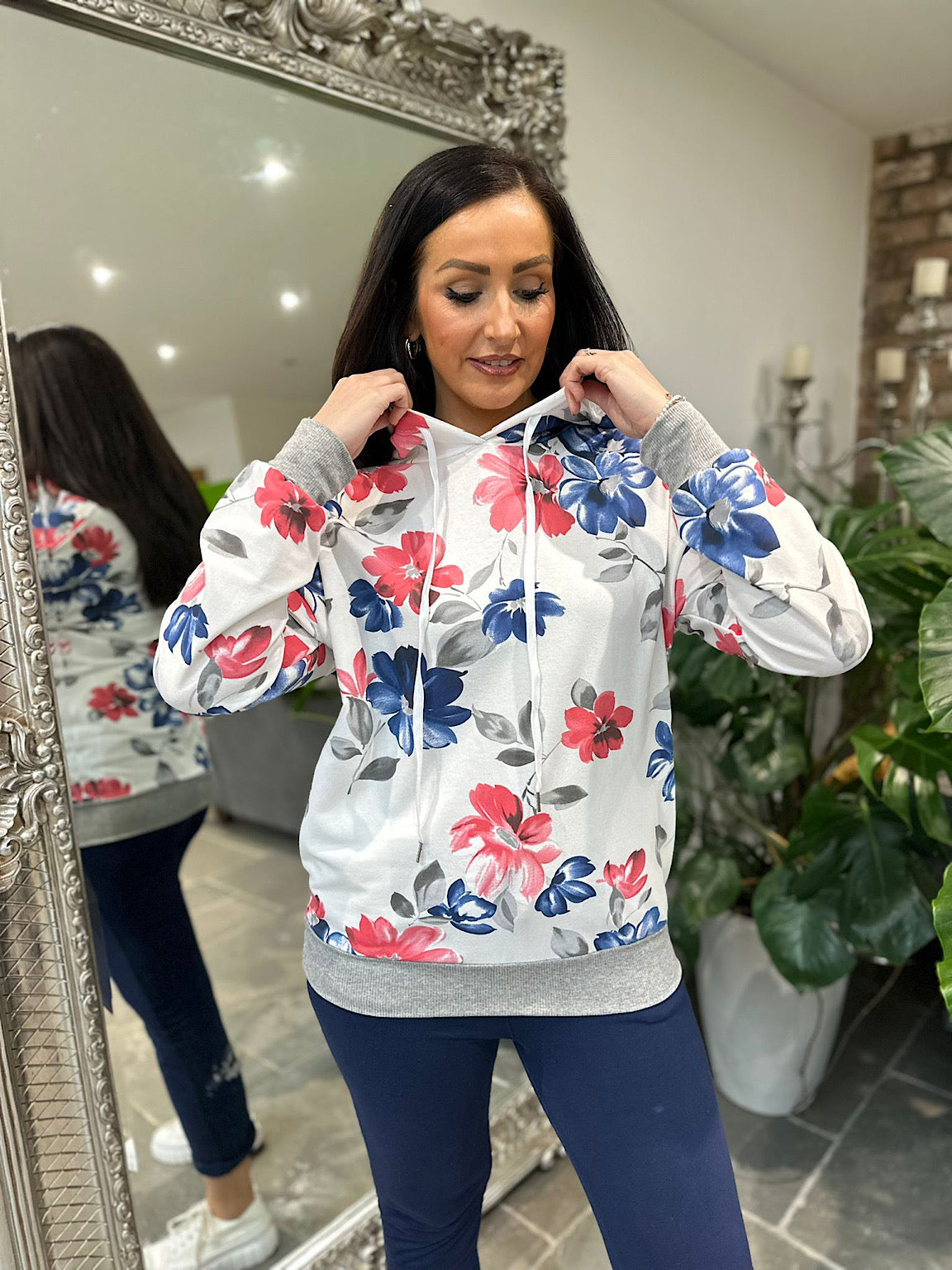 White Flower Print Drawstring Hoodie India