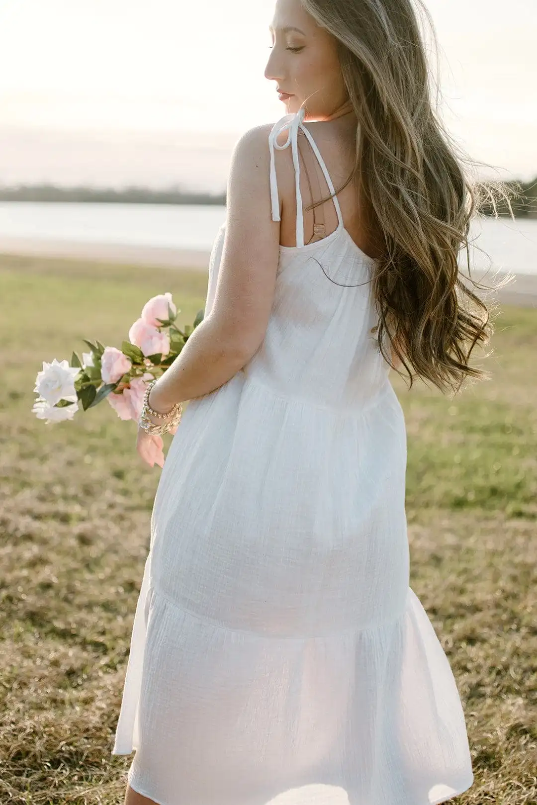 White Shoulder Tie Midi Dress