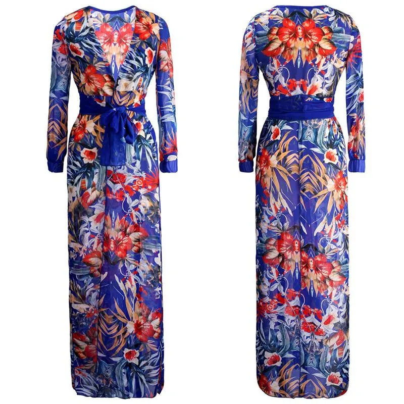 Women Deep V-Neck Floral Dress Stylish Bohemian Style Chiffon Beach Party High Split Dress Maxi Long Dress SM6