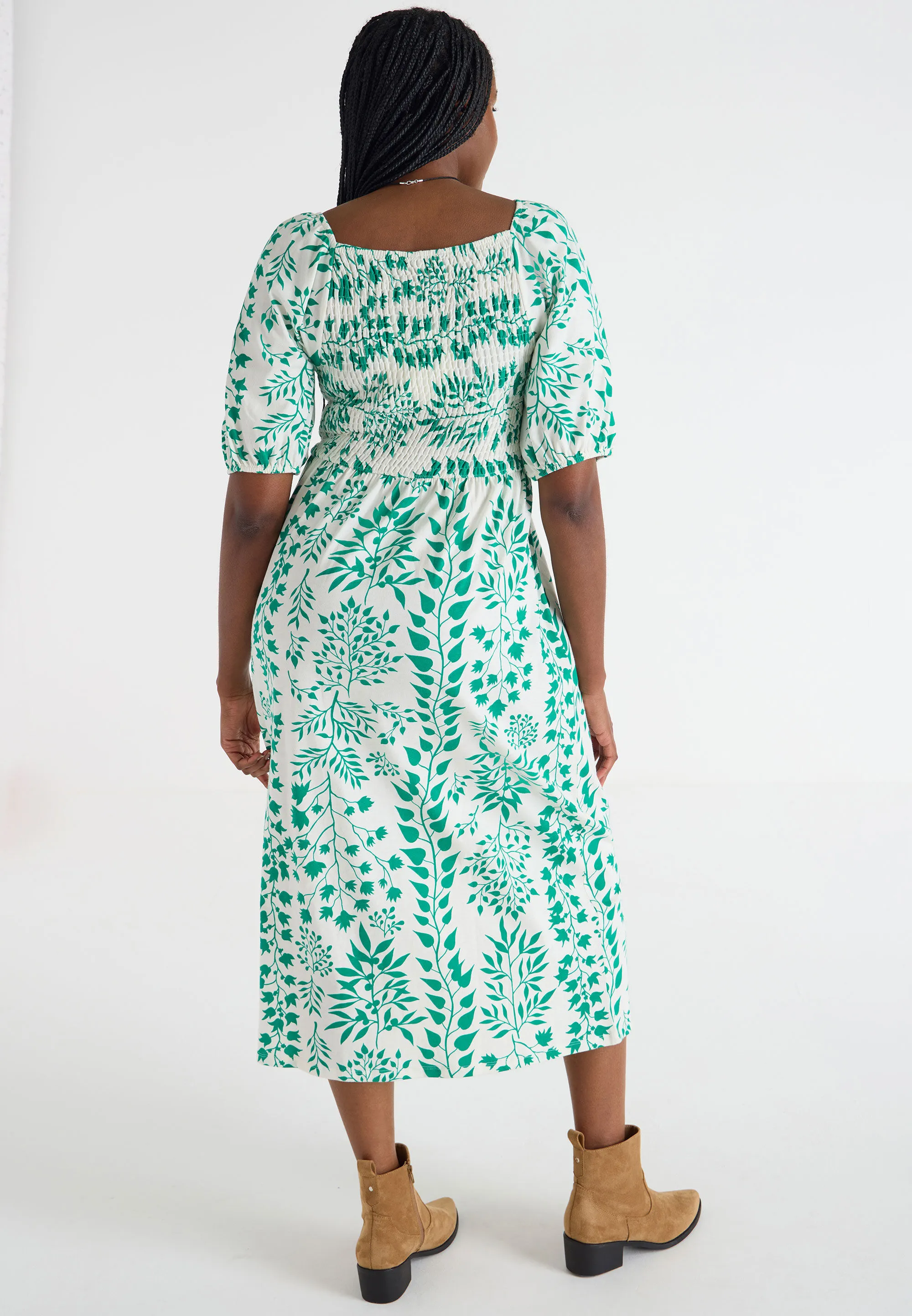 Womens Green and White Leaf Print Dress