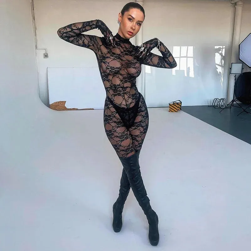 Women's Sexy See-through Lace Bodycon Slim Fit Lingerie with Gloves