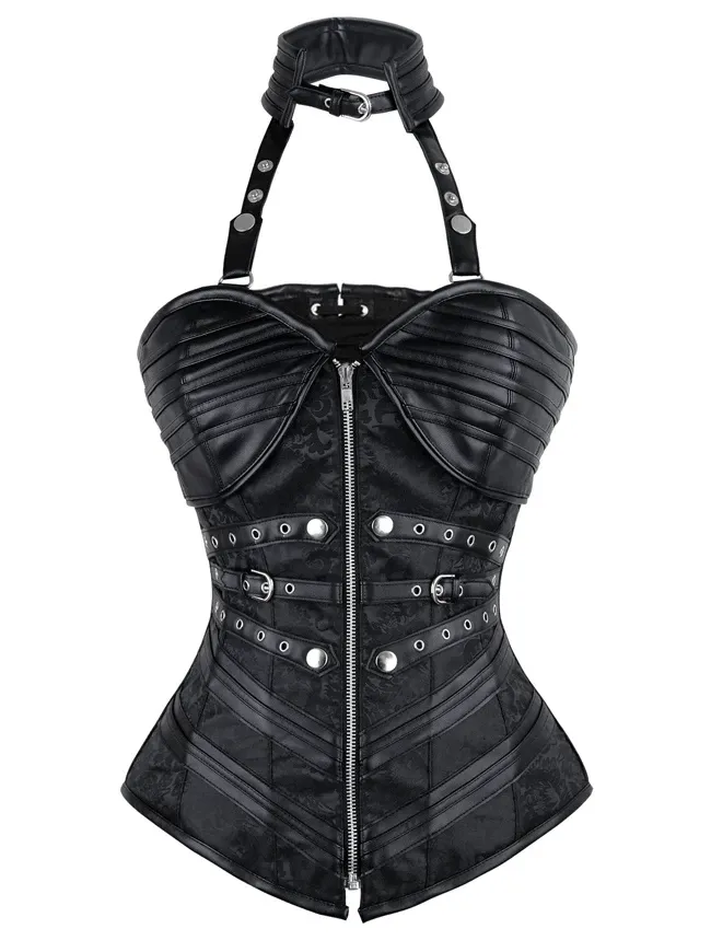 Women's Steampunk Steel Boned Overbust Halter Zipper Corset Top