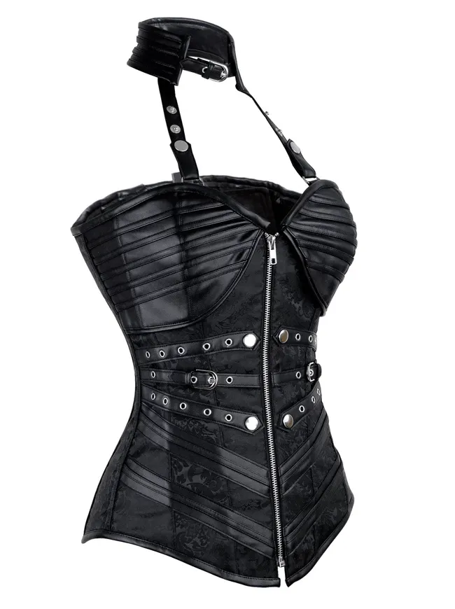 Women's Steampunk Steel Boned Overbust Halter Zipper Corset Top