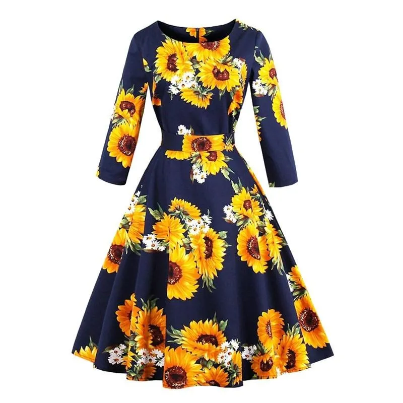 Yellow Sunflower A Line Vintage Cotton Spring Autumn 3/4 Length Sleeve Women Elegant 1950s Floral Dress