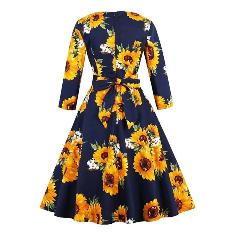 Yellow Sunflower A Line Vintage Cotton Spring Autumn 3/4 Length Sleeve Women Elegant 1950s Floral Dress