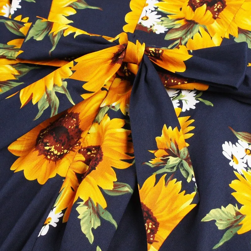 Yellow Sunflower A Line Vintage Cotton Spring Autumn 3/4 Length Sleeve Women Elegant 1950s Floral Dress