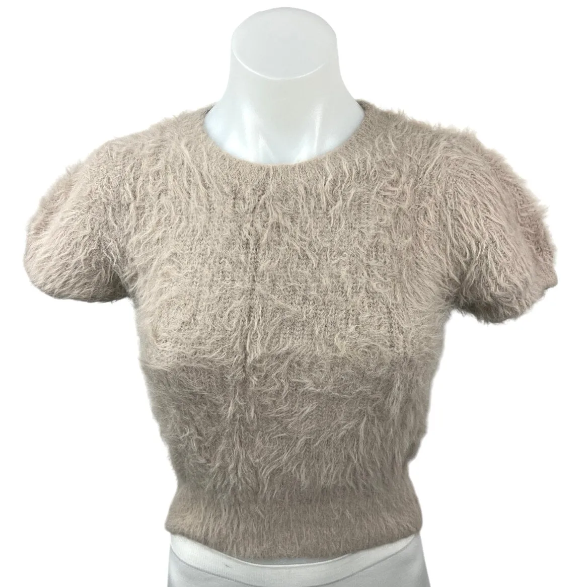 Zara Beige Eyelash Knit Crew Neck Short Sleeve Cozy Cropped Sweater Top Size S